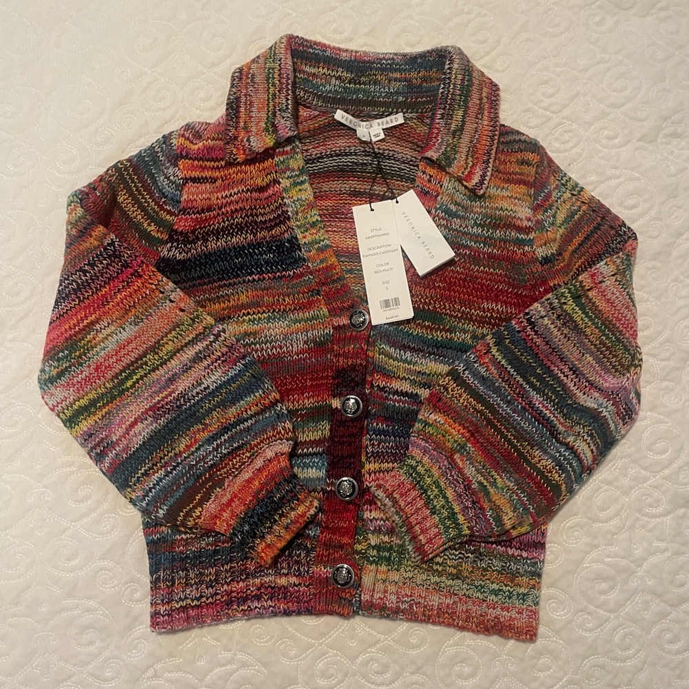 Veronica Beard NWT Demaris Cardigan Red Multi  Organic Cotton Rainbow S